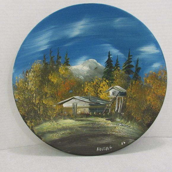 Other - Hand Painted Metal Bowl Mountain Autumn Tree Cabin